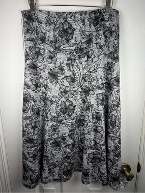 M&Co Floral A-Line Skirt 12 Grey Black Flare Elastic Waist Midi Minimalist Skirt